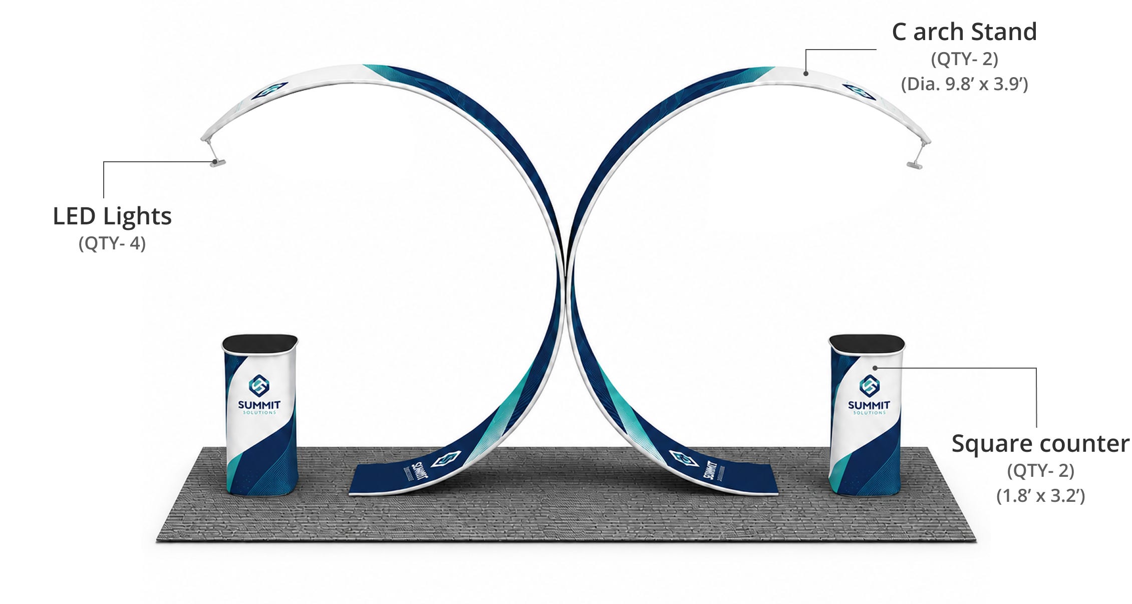 20ft Island Twin Arch Display Booth Components & Sizes